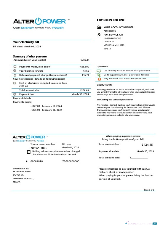 Malta AlterPower Malta proof of address business utility bill template in Word and PDF formats